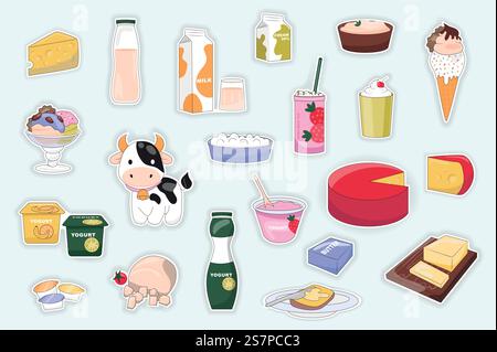 Milch- und Milchprodukte Mega-Set in grafischem, flachem Design. Elemente aus Käse, Joghurt, Getränk in Flaschen, Verpackung, Eis, Kuh, Milchshake, Butter, andere. Vektorillustration isolierte Aufkleber Stock Vektor