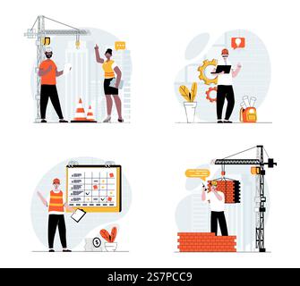 Konzept des Bauingenieurs mit Zeichensatz. Sammlung von Szenen Menschen arbeiten als Bauherren, Architekten mit Bauplänen, Immobilieninspektoren und Arbeiter. Vektorabbildungen im Flachwebdesign Stock Vektor