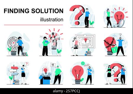Lösungskonzept mit Charaktersituationen Mega Set finden. Ein Bündel von Szenen, die Menschen Fragen und Lösen, Brainstorming und kreativer Denkprozess denken. Vektorabbildungen im Flachwebdesign Stock Vektor