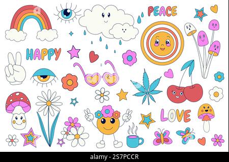 Groovige Hippie-Elemente der 70er Jahre in flachem Design. Ein Bündel von Frieden, Liebe, Glück, Regenbogen, psychedelischen Pilzen, Blumen, Blätter, Schmetterlinge und andere. Vektorillustration isolierte Objekte. Grooviges Hippie 70er Jahre Vektor-Set Stock Vektor