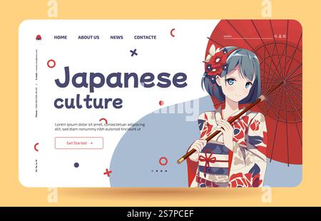 Anime-Manga-Mädchen in traditionellem japanischem Kimono-Kostüm mit Regenschirm. Japanische Kultur – Vorlage für Landingpage. Vorlage für Landing-Page. Anime-Mädchen in Kimono und Regenschirm Stock Vektor