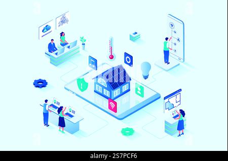 Smart Home 3D isometrisches Webdesign. Menschen überwachen und steuern Sensoren im Haus von mobilen Anwendungen aus, richten Sensoren für Temperatur, Beleuchtung, Sicherheitssysteme usw. ein. Vektorwebabbildung. Smart Home 3D isometrisches Webdesign. Vektorwebabbildung Stock Vektor