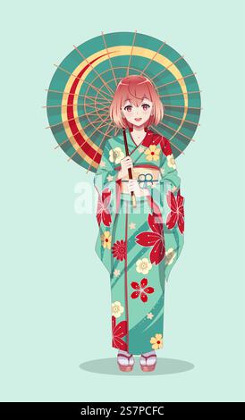 Anime-Manga-Mädchen in traditionellem japanischem Kimono-Kostüm mit Papierschirm. Vektordarstellung auf isoliertem Hintergrund. Anime-Manga-Mädchen im Kimono mit Papierschirm Stock Vektor