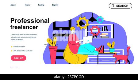 Professionelles freiberufliches Konzept für Landing-Page-Vorlagen. Man arbeitet von zu Hause aus mit dem Laptop und erledigt Remote-Aufgaben. Home-Office-Szene. Vektorillustration mit flachem Zeichendesign für Webbanner Stock Vektor