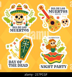 Dia de Los Muertos Label Illustration Flat Cartoon Hand gezeichnete Vorlagen Hintergrund Stock Vektor