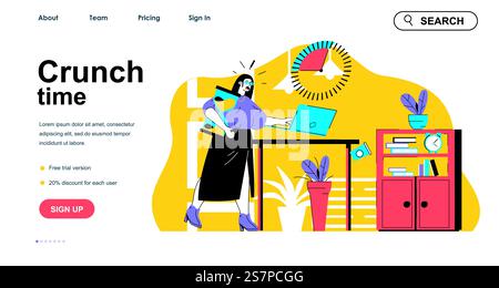 Crunch Time-Konzept für Landing-Page-Vorlage. Frau erfüllt die Arbeitsaufgabe nicht fristgerecht. Zeitmanagement und Arbeitsstress Personenszene. Vektorillustration mit flachem Zeichendesign für Webbanner Stock Vektor