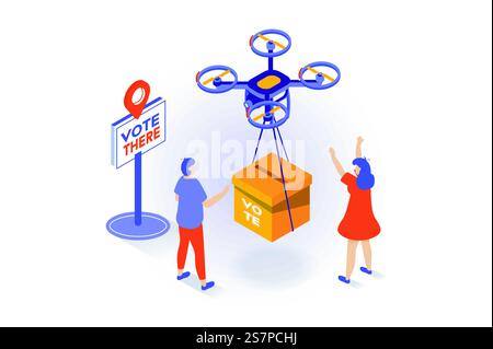 Wahl- und Wahlkonzept in 3D-Isometrie. Die Leute arbeiten am Wahllokal und fliegende Drohne trägt Wahlurnen. Vektorillustration mit Isometrieszene für Webgrafik Stock Vektor