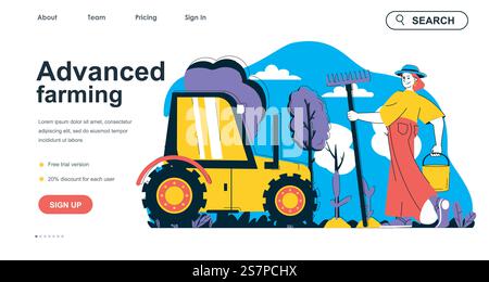 Fortschrittliches Farming-Konzept für Landing-Page-Vorlage. Frau, die auf dem Bauernhof arbeitet und Pflanzen mit modernen Maschinen anbaut. Gartenmenschen. Vektorillustration mit flachem Zeichendesign für Webbanner Stock Vektor