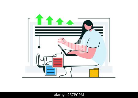 Frau, die ein Webkonzept mit Charakterszene bearbeitet. Geschäftsfrau, die Aufgaben am Laptop online erledigt. Personensituation in flacher Ausführung. Vektorillustration für Marketingmaterial in sozialen Medien. Stock Vektor