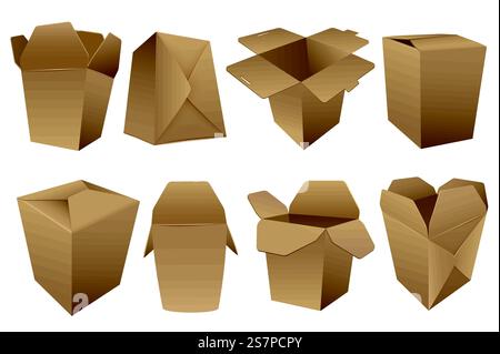 Realistische Box-Mega-Set-Grafikelemente in flacher Ausführung. Bündel geöffneter und geschlossener Kartonkartons in unterschiedlicher Ansicht für die Verpackung von Lieferpaketen. Vektorillustration isolierte Objekte. Vektorset Für Realistische Box Stock Vektor