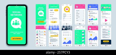 Bildschirme für mobile Apps in sozialen Netzwerken, die für Webvorlagen festgelegt wurden. Paket mit Login, Informationsprofil, Posts, Fotos, Freunden, Chats und andere Mockups. UI-, UX-, GUI-Benutzeroberflächenkit für Layouts. Vektordesign Stock Vektor