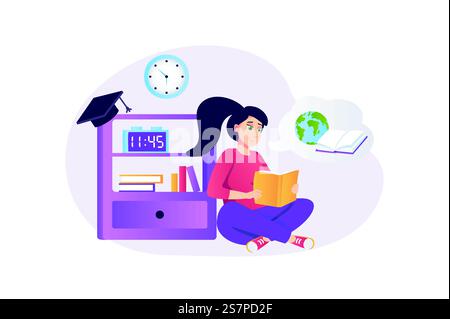 Lernprozesskonzept im flachen Stil mit der Personenszene. Glückliche Frau liest Buch und gewinnt Wissen, studiert an der Schule oder am College, erhält ein Diplom. Vektorillustration für Webdesign Stock Vektor
