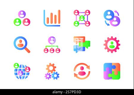 Teamwork-Symbole im flachen Farbdesign. Paket mit Unternehmen, Manager, Meeting, Gruppe, Führung, Organisation, Team, Zusammenarbeit, Partnerschaft und Sonstiges. Vektorpiktogramme für Websites und mobile Apps Stock Vektor