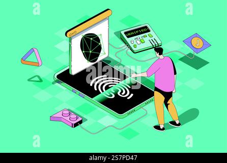 Biometrisches Steuerungskonzept in 3D-Isometrie. Mann mit sicherem Zugriff mit ID-Verifizierung, Fingerabdruckscannen, Gesichtserkennung. Vektorillustration mit Isometrie Personenszene für Webgrafik Stock Vektor