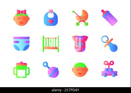 Symbole für Babyartikel in flachem Farbdesign. Packung Mädchen, Junge, Lätzchen, Kinderwagen, Flasche, Milch, Windel, Kinderbett, Body, Schnuller, Spielzeug, Rassel und anderes. Vektorpiktogramme für Websites und mobile Apps Stock Vektor