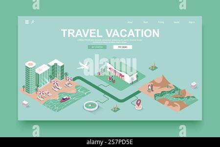Reiseurlaubskonzept 3D-Vorlage für isometrische Landing-Page. Die Leute buchen Flugtickets und Hotelzimmer, entspannen am Strand oder wandern in den Bergen. Vektorabbildung im Isometrie-Grafikdesign. Stock Vektor