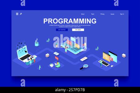 Programmierfirma Konzept 3D isometrische Landing-Page-Vorlage. Menschen erstellen Software, schreiben Code für Programme, testen mobile Anwendungen. Vektorabbildung im Isometrie-Grafikdesign. Stock Vektor
