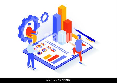 Geschäfts- und Marketingkonzept in 3D-Isometrie. Personen, die Daten auf dem Dashboard analysieren, Unternehmen entwickeln, Lösungen für Werbeaktionen finden. Vektorillustration mit Isometrieszene für Webgrafik Stock Vektor