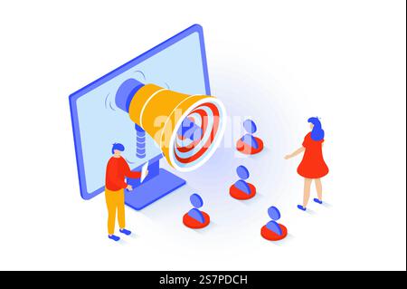 Social-Media-Konzept in 3D-Isometrie. Menschen, die Megaphon und Online-Werbewerkzeuge für Werbeblogs nutzen und Follower anlocken. Vektorillustration mit Isometrieszene für Webgrafik Stock Vektor