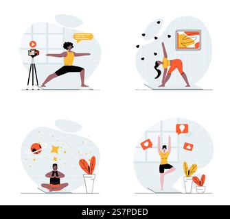 Yoga Asanas Konzept mit Charakterset. Sammlung von Szenen Menschen, die Yoga üben oder dehnen, Meditation in Lotusstellung, Trainer nimmt Videounterricht auf. Vektorabbildungen im Flachwebdesign Stock Vektor