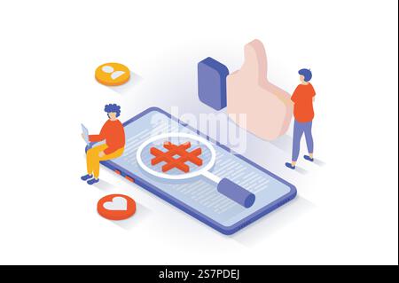 Social-Media-Konzept in 3D-Isometrie. Menschen vernetzen sich online, hinterlassen Feedback und Likes, suchen Hashtag-Posts. Vektorillustration mit Isometrieszene für Webgrafik Stock Vektor