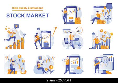 Börsenwebkonzept mit Menschen im flachen Stil. Bündel aus Analyse von Marktdaten, Aktienhandel, Kauf und Verkauf von Anleihen, Finanzinvestitionen. Vektorillustration mit Zeichendesign Stock Vektor