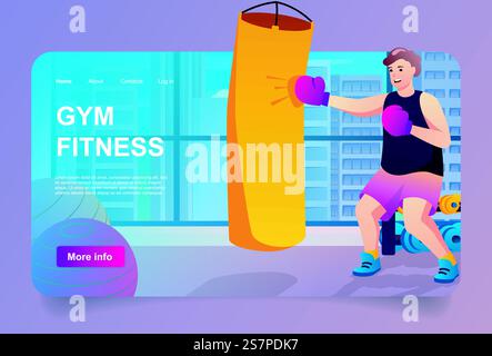Fitness-at-Gym-Konzept im Cartoon-Design für Landing-Page. Mann Boxer in Handschuhen Boxsack. Gesunder Lebensstil und Workout-Training im Fitnessstudio. Vektorillustration mit Personen für Web-Homepage Stock Vektor