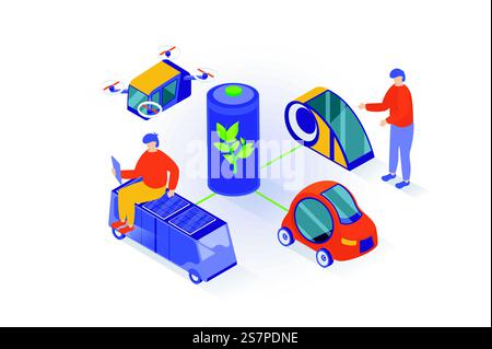 Umweltfreundliches Lifestyle-Konzept im isometrischen 3D-Design. Menschen, die saubere, grüne Energie mit Aufladebatterie zum Aufladen von Elektroautos und Drohnen verwenden. Vektorillustration mit Isometrieszene für Webgrafik Stock Vektor