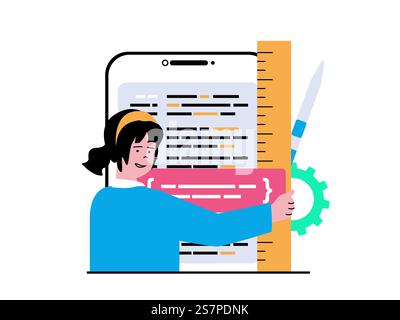 Programmier-Software-Konzept mit Charaktersituation. Frau, die mit Programmcode, Tests und Optimierung, Engineering-Prozess arbeitet. Vektorillustration mit Personenszene in flachem Design für Web Stock Vektor