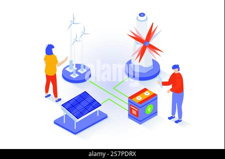 Umweltfreundliches Lifestyle-Konzept im isometrischen 3D-Design. Menschen, die Windturbinen und Solarpaneele für die grüne Energieerzeugung nutzen, pflegen natürliche Ressourcen. Vektorillustration mit Isometrieszene für Webgrafik Stock Vektor