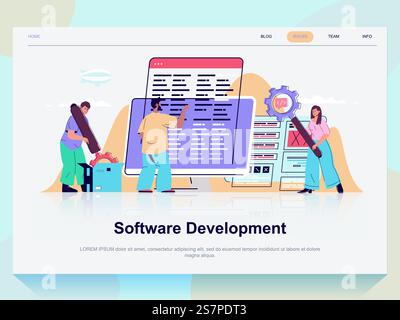 Webkonzept zur Softwareentwicklung für Landing-Page in flachem Design. Mann und Frau Brainstorming und Erstellung von Programmcode, technisches Support-Team. Vektorillustration mit Personenszene für Website-Homepage Stock Vektor