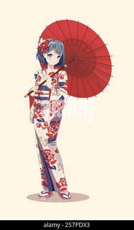 Anime-Manga-Mädchen in traditionellem japanischem Kimono-Kostüm mit Papierschirm. Vektordarstellung auf isoliertem Hintergrund. Anime-Manga-Mädchen im Kimono mit Papierschirm Stock Vektor
