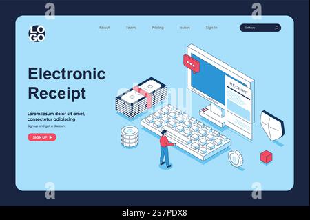 Elektronisches Zahlungskonzept in 3D-Isometrie für Landing-Page-Vorlage. Personen, die digitale Rechnungen oder Schecks bezahlen und Steuern über Online-Banking abwickeln. Vektorillustration für Web Stock Vektor