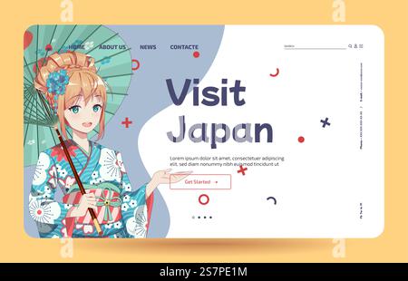 Anime-Manga-Mädchen in traditionellem japanischem Kimono-Kostüm mit Regenschirm. Japanisch lernen – Vorlage für Landing-Page. Vorlage für Landing-Page. Anime-Mädchen in Kimono und Regenschirm Stock Vektor