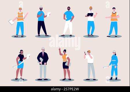 Die Menschen arbeiten als Ingenieure in flacher Bauweise. Männer und Frauen mit Helmen halten Baupläne, Architekten, Techniker und Bauherren. Bündel verschiedener Zeichen. Vektorillustration isolierte Personen für Web Stock Vektor
