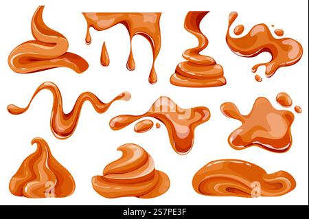Geschmolzenes Karamell setzt grafische Elemente in flachem Design. Ein Bündel Karamell fließender und tropfender, flüssiger Toffee-Bonbons mit Spritzer und Tropfen, Süßwaren-Topping. Vektorillustration isolierte Objekte Stock Vektor