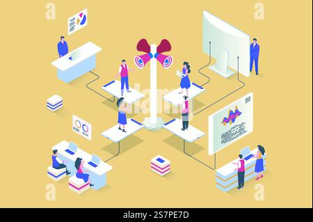 Das Empfehlungsmarketing-Konzept im 3D-Isometrie-Design. Treueprogramm zur Gewinnung neuer Kunden mit Kommunikations- und Werbemitteln. Vektorillustration mit Isometrie Personenszene für Webgrafik Stock Vektor