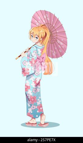 Anime-Manga-Mädchen in traditionellem japanischem Kimono-Kostüm mit Papierschirm. Vektordarstellung auf isoliertem Hintergrund. Anime-Manga-Mädchen im Kimono mit Papierschirm Stock Vektor