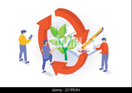 Umweltfreundliches Lifestyle-Konzept im isometrischen 3D-Design. Die Menschen kümmern sich um Pflanzen und die Umwelt, indem sie Recyclingtechnologien und Wiederverwendungsgrundsätze anwenden. Vektorillustration mit Isometrieszene für Webgrafik Stock Vektor