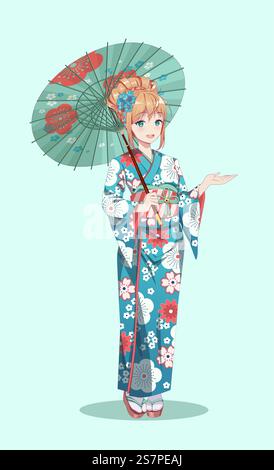 Anime-Manga-Mädchen in traditionellem japanischem Kimono-Kostüm mit Papierschirm. Vektordarstellung auf isoliertem Hintergrund. Anime-Manga-Mädchen im Kimono mit Papierschirm Stock Vektor