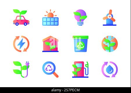 Ökologie-Symbole in flacher Farbe. Paket Elektroauto, grüne Energie, Solarpaneele, Glühbirne, Windmühle, Smart Home, Recycling, Erde und andere. Vektorpiktogramme für Websites und mobile Apps Stock Vektor