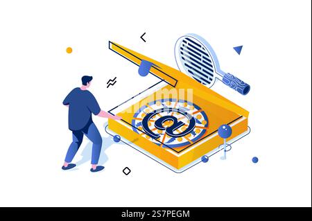 Social-Media-Konzept in 3D-Isometrie. Mann bloggt online, erstellt trendige Inhalte und macht Werbekampagnen mit E-Mail. Vektorillustration mit isometrischer Personenszene für Webgrafik Stock Vektor