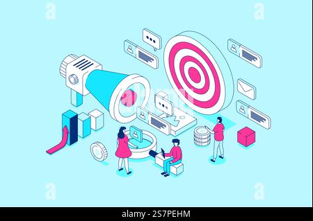 Zielgruppenkonzept in 3D-Isometrie. Menschen untersuchen Markt- und Kundentrends, erstellen Werbekampagnen und gewinnen neue Kunden. Vektorillustration mit Isometrieszene für Webgrafik Stock Vektor
