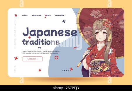 Anime-Manga-Mädchen in traditionellem japanischem Kimono-Kostüm mit Regenschirm. Japanisch lernen – Vorlage für Landing-Page. Vorlage für Landing-Page. Anime-Mädchen in Kimono und Regenschirm Stock Vektor