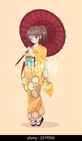 Anime-Manga-Mädchen in traditionellem japanischem Kimono-Kostüm mit Papierschirm. Vektordarstellung auf isoliertem Hintergrund. Anime-Manga-Mädchen im Kimono mit Papierschirm Stock Vektor