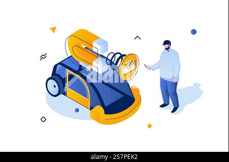 Social-Media-Konzept in 3D-Isometrie. Mann bloggt online, macht Werbekampagnen mit Magnet und zieht Publikum an. Vektorillustration mit isometrischer Personenszene für Webgrafik Stock Vektor