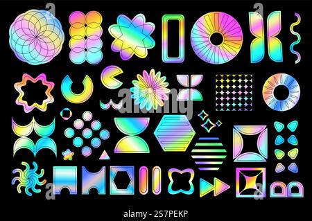 Holografische Aufkleber – Mega-Set in flachem Design. Bündeln Sie Elemente glänzend schillernder Vorlagen mit Symbolen unterschiedlicher geometrischer Formen im Retro-Stil. Vektorillustration isolierte Objekte Stock Vektor
