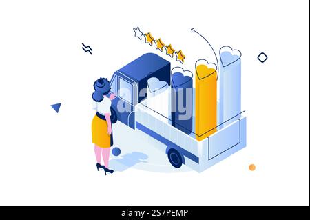 Social-Media-Konzept in 3D-Isometrie. Frau bloggt online, erstellt Inhalte und sammelt Likes von Anhängern im Truck. Vektorillustration mit isometrischer Personenszene für Webgrafik Stock Vektor