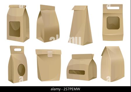 Realistische Pakete mit Mega-Set-Grafikelementen in flachem Design. Bündel geschlossener Papiertüten in verschiedenen Ansichten zum Verpacken von Kaffee, Tee und Lebensmitteln zum Mitnehmen. Vektorillustration isolierte Objekte. Vektorsatz Für Realistische Pakete Stock Vektor