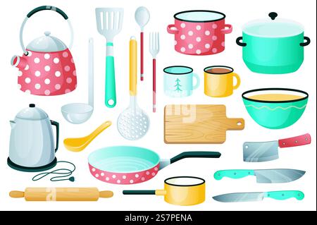 Küchenutensilien mit grafischen Elementen in flachem Design. Bündel Wasserkocher, Pfanne, Löffel, Gabel, Bratpfanne, Becher, Brett, Schüssel, Messer, Rollstift, Spachtel und anderes Utensilien. Vektorillustration isolierte Objekte. Küchenutensilien mit grafischen Elementen in flachem Design. Vektorabbildung Stock Vektor